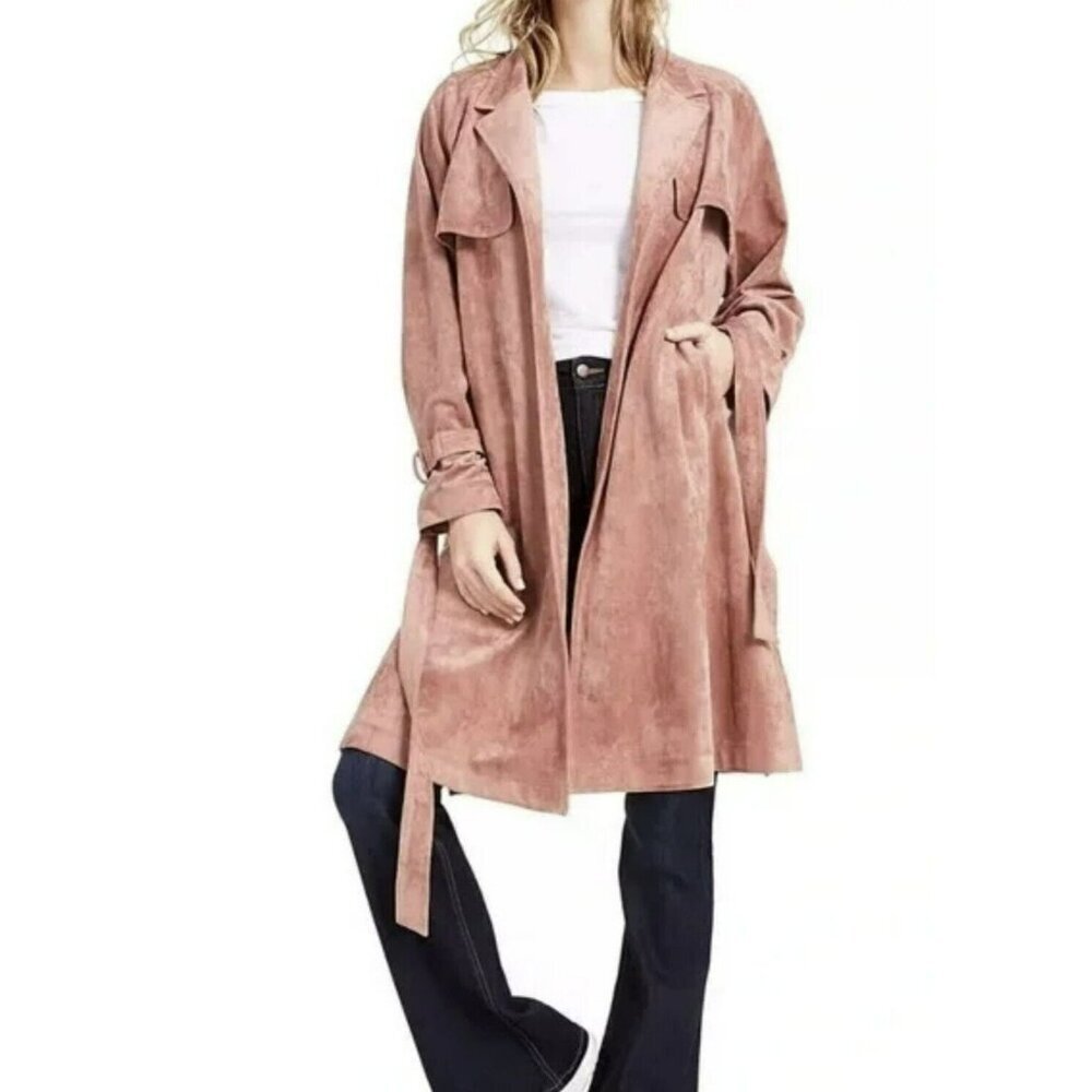 OAT Sz XL Trench Coat Pink Faux Vegan Suede Jacket Belt NWT